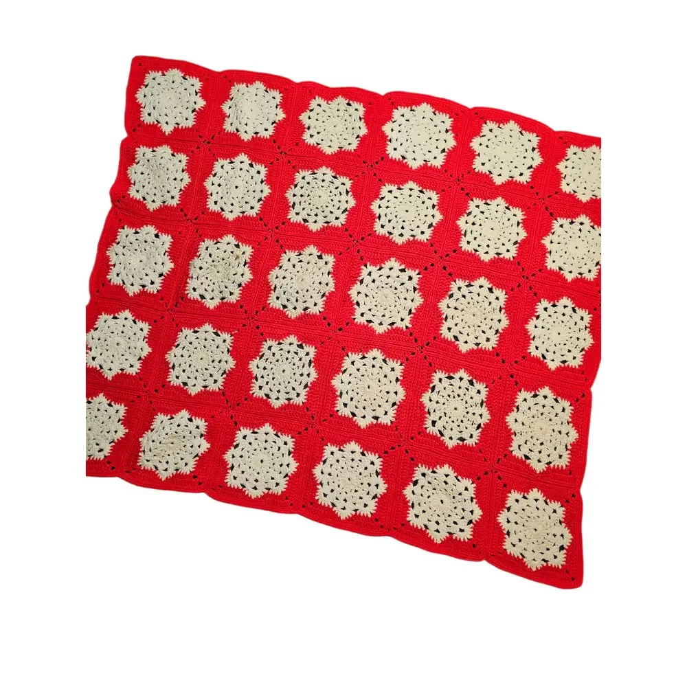 Handmade Crocheted Red and White Afghan 46